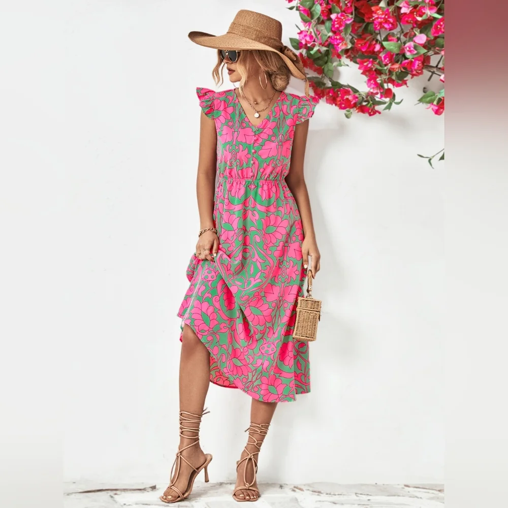 Floral V-Neck Cap Sleeve Dress - Picture 3 of 9